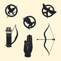 Set of Bird signs Mockingjay, Bow and arrow, Three fingers Royalty Free Stock Photo