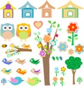 Set birds with birdhouses, owls, trees and flowers