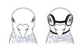 Set of birds wearing goggle glasses on black and white linear vector