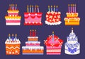 Cute set of cakes in different sizes and shapes with burning candles for birthday, wedding and holiday. Royalty Free Stock Photo