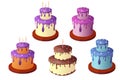 Set birthday cakes with cream, drip, candles, collection anniversary deserts in cartoon style isolated on white