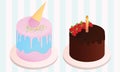 Set of birthday cakes. Birthday party elements. Ice cream cake and chocolate cake with strawberries and candle. Royalty Free Stock Photo