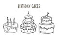 A set of birthday cakes. Vector drawing in a linear style. Cake drawing