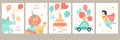 A set of birthday cards for a boy`s birthday with a cute cartoon superhero, little animals, a car and cakes with candles Royalty Free Stock Photo