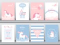 Set of birthday cards,poster,invitations, cards,template,greeting cards,animals,unicorn,fantasy,magic,cloud,Vector illustrations Royalty Free Stock Photo