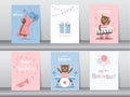 Set of birthday cards,poster,invitation card,template,greeting cards,animals,bears, cute,Vector illustrations. Royalty Free Stock Photo