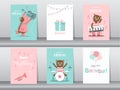 Set of birthday cards,poster,invitation card,template,greeting cards,animals ,bears,cute,Vector illustrations. Royalty Free Stock Photo