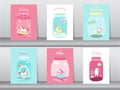 Set of birthday cards,poster,invitations, cards,template,greeting cards,animals,fantasy,magica ,Cute funny cartoon unicorn in a gl Royalty Free Stock Photo