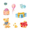 Set of birthday gifts. Teddy bear, cake, piggy bank and other pr