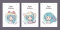 Set of birthday greeting cards design with cute cartoon zodiac girls