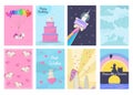 Set of Birthday greeting cards and invitations with unicorns. Vector illustration.