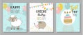 A set of birthday greeting cards and party invitation templates with cute animals, cake, balloons,flags.Vector