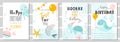 Set of Birthday greeting cards and party invitation templates with cute crab, octopus, fish, turtle and whale. Vector illustration