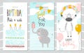 Set of Birthday greeting cards and party invitation templates with cute elephant, Zebra and cake. Vector illustration Royalty Free Stock Photo