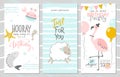 Set of birthday greeting cards and party invitation templates with cute fish, crab, lamb and pink flamingos. Vector Royalty Free Stock Photo