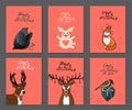 Set of birthday greeting cards on pink background with cute animals.  red cat, pigeon, deer, pig and sparrow Royalty Free Stock Photo