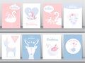 Set of birthday invitations cards, poster, greeting, template, animals,unicorn,stork,duck,goose,Vector illustrations