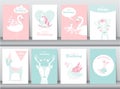 Set of birthday invitations cards, poster, greeting, template, animals,unicorn,stork,duck,goose,Vector illustrations Royalty Free Stock Photo