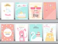 Set of birthday invitations cards, poster, greeting, template, animals,unicorn,rabbit,cake,stork,goose,Vector illustrations