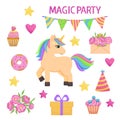 Set for birthday party decor with unicorn, cupcakes, flowers, stars, hearts. Royalty Free Stock Photo