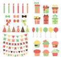 Set of birthday party design elements. Colorful balloons, flags, confetti, gifts, cupcakes, candles, bows and decorative ribbons