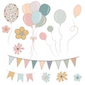 Set of birthday party design elements. Colorful balloons, flags, flowers. Vector illustration Royalty Free Stock Photo