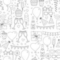 Set of birthday party design elements. Kids drawing. Doodle icons Colorful balloons, flags, confetti, cupcakes, gifts Royalty Free Stock Photo