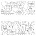 Set of birthday party design elements. Kids drawing. Doodle icons Colorful balloons, flags, confetti, cupcakes, gifts Royalty Free Stock Photo