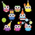 Set of birthday party elements with cute owls Royalty Free Stock Photo