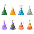 Set of birthday party hat isolated on blue background. Carnival festive cap for celebration holiday. Happy new year, christmas Royalty Free Stock Photo