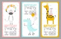 Set of Birthday party invitation templates with cute animals. Vector illustration