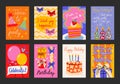Bright set of retro cartoon birthday posters. Royalty Free Stock Photo