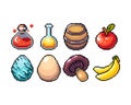 Set of 8-bit pixel graphics icons. Isolated vector illustration. Fruits, elixir, potions, mushrooms, eggs