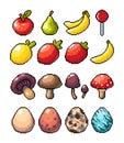 Set of 8-bit pixel graphics icons. Isolated vector illustration. Fruits, elixir, potions, mushrooms, eggs