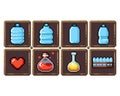 Set of 8-bit pixel graphics icons. Isolated vector illustration. Fruits, elixir, potions, mushrooms, eggs