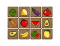 Set of 8-bit pixel graphics icons. Isolated vector illustration. Fruits, elixir, potions, mushrooms, eggs.