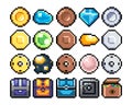 Set of 8-bit pixel graphics icons. Isolated vector illustration. Game art. chests, diamonds, gold, coins