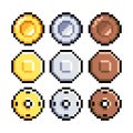 Set of 8-bit pixel graphics icons. Isolated vector illustration. Game art. coins of bronze, gold, silver