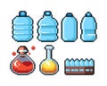 Set of 8-bit pixel graphics icons. Isolated vector illustration. Game art. elixir, potion