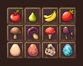 Set of 8-bit pixel graphics icons. Isolated vector illustration. Game art. Fruit, elixir, potion, mushrooms, eggs