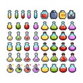 Set of 8-bit pixel graphics icons. Isolated vector illustration. Game art. potions, elixirs