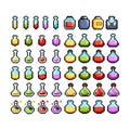 Set of 8-bit pixel graphics icons. Isolated vector illustration. Game art. potions, elixirs