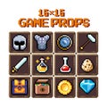 Set of 8-bit pixel graphics icons. Isolated vector illustration. Game art. potions, weapons, valuables
