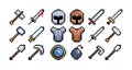 Set of 8-bit pixel graphics icons. Isolated vector illustration. Game art. Weapons, helmet, shield, sword, hammer