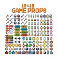 Set of 8-bit pixel graphics icons. Isolated vector illustration. Game art. Weapons, jewelry, potions, chests