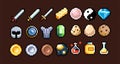 Set of 8-bit pixel graphics icons. Isolated vector illustration. Game art. Weapons, jewelry, potions, chests