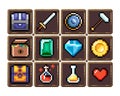 Set of 8-bit pixel graphics icons. Isolated vector illustration. Game art. Weapons, jewelry, potions, chests