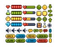 Set of 8-bit pixel graphics icons. Isolated vector illustration. Game interface button, navigation and notation elements, symbols