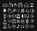 Set of 8-bit pixel icons. Isolated vector illustration. Black and white image. Buttons, computer icons, musical notes, cursor and