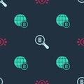 Set Bitcoin in circuit, Magnifying glass with and Globe on seamless pattern. Vector